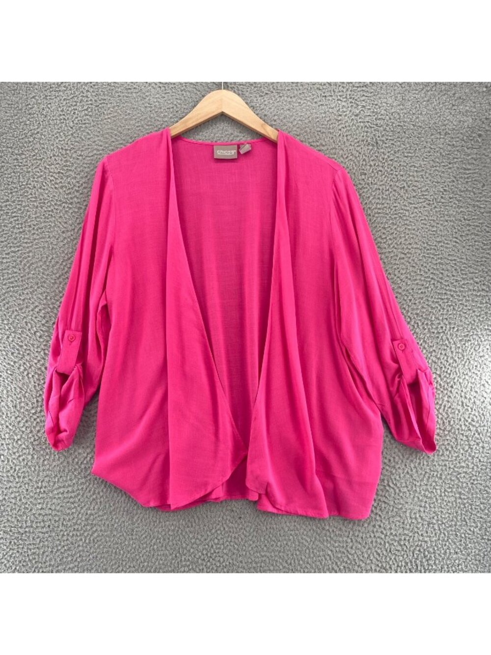 Chicos Top Womens 2 US Large Pink Cardigan Roll Tab 3/4 Sleeve Layering Kimono